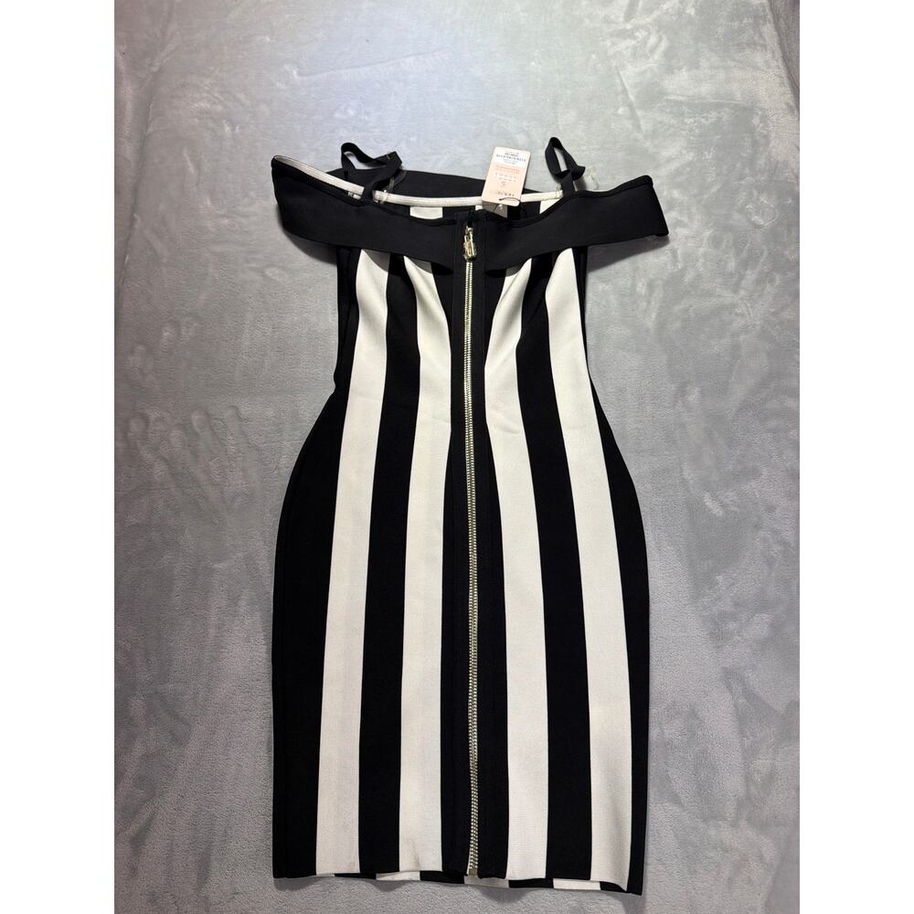 NWT House of CB Black & White Striped Off-Shoulder Bandage Bodycon Dress S - Picture 4 of 5